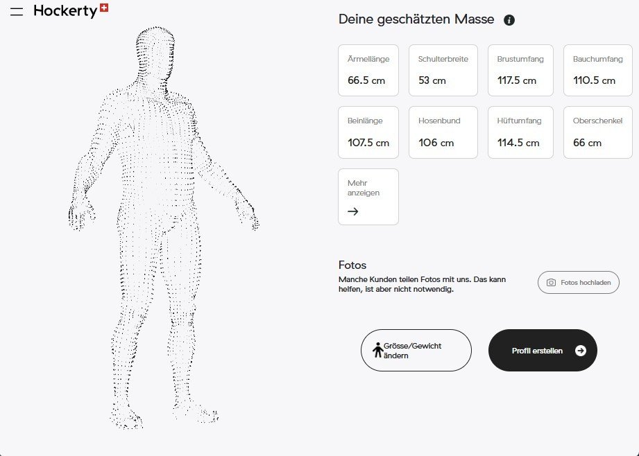 3D-Körperprofil von Hockerty mit dreizehn Massen